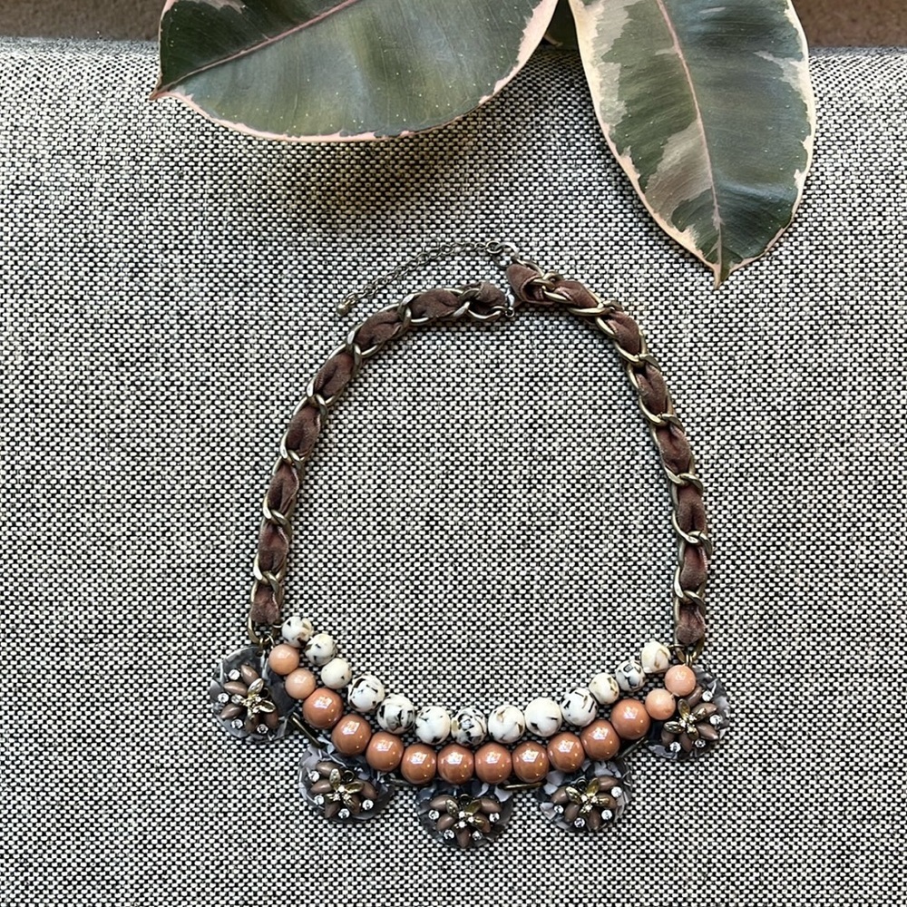 Anthropologie Brown & Cream Beaded Statement Necklace